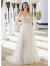 Ivory Beaded Lace Glitter Tulle Wedding Dress With Detachable Straps